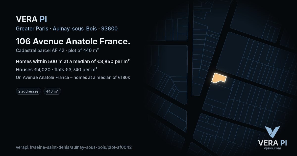 106 Avenue Anatole France, Aulnay-sous-Bois at night – the plot lit, the parcels around coloured by the prices near them