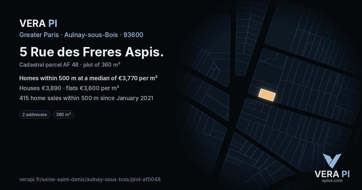 5 Rue des Freres Aspis, Aulnay-sous-Bois at night – the plot lit, the parcels around coloured by the prices near them