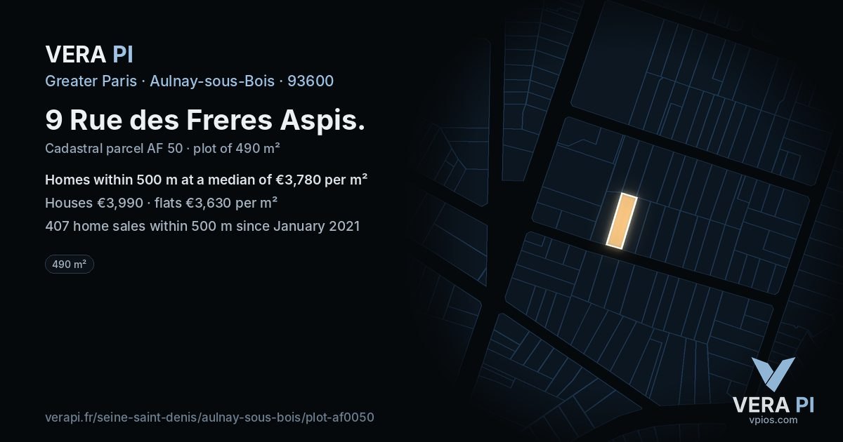 9 Rue des Freres Aspis, Aulnay-sous-Bois at night – the plot lit, the parcels around coloured by the prices near them