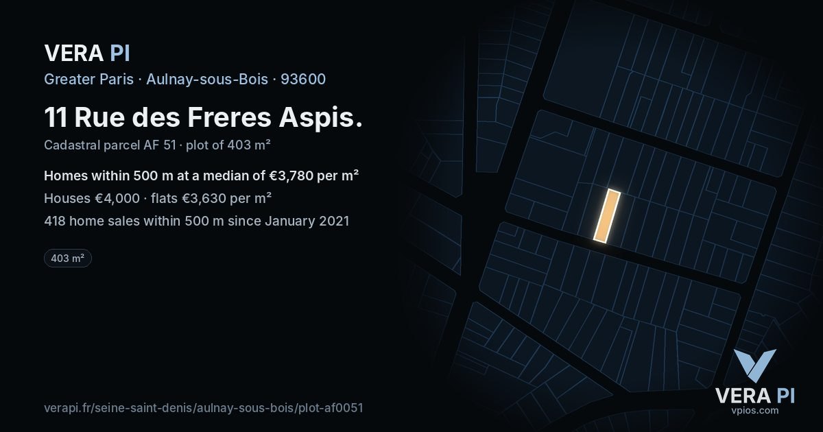 11 Rue des Freres Aspis, Aulnay-sous-Bois at night – the plot lit, the parcels around coloured by the prices near them