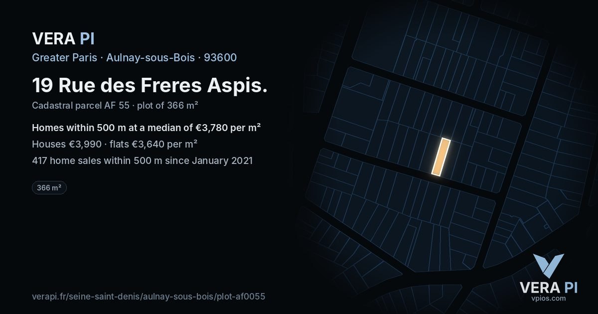 19 Rue des Freres Aspis, Aulnay-sous-Bois at night – the plot lit, the parcels around coloured by the prices near them