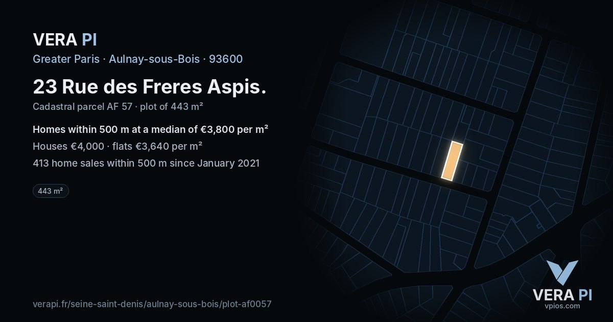 23 Rue des Freres Aspis, Aulnay-sous-Bois at night – the plot lit, the parcels around coloured by the prices near them