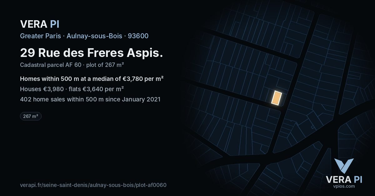 29 Rue des Freres Aspis, Aulnay-sous-Bois at night – the plot lit, the parcels around coloured by the prices near them
