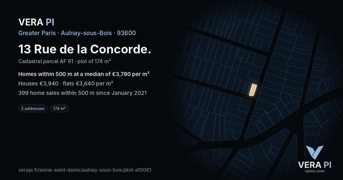13 Rue de la Concorde, Aulnay-sous-Bois at night – the plot lit, the parcels around coloured by the prices near them