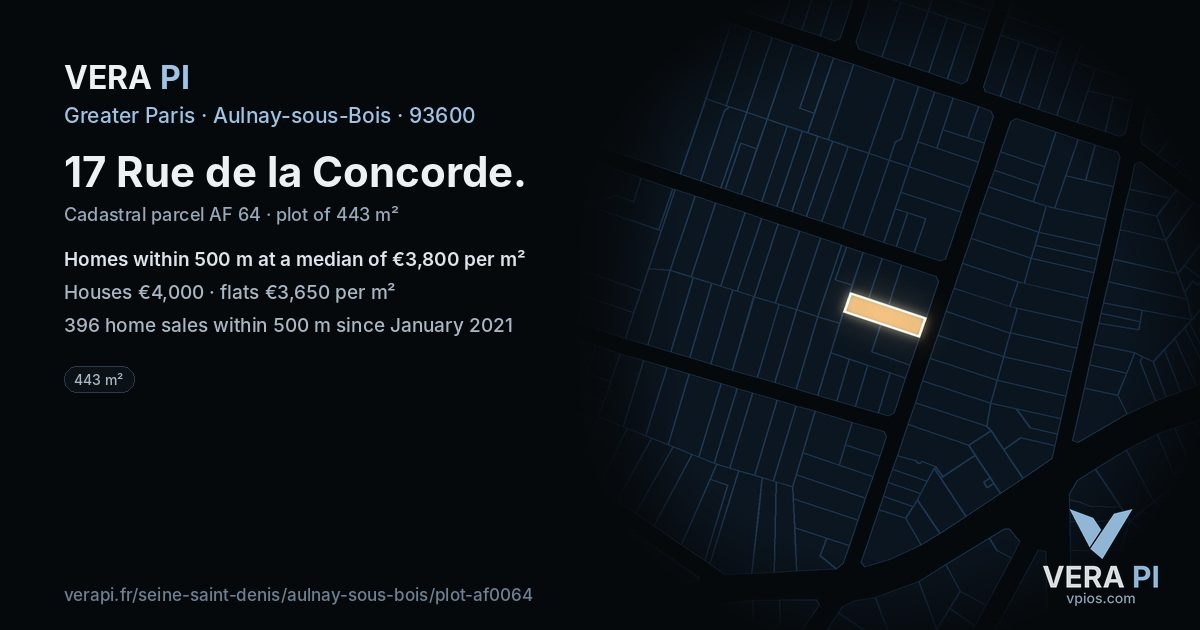 17 Rue de la Concorde, Aulnay-sous-Bois at night – the plot lit, the parcels around coloured by the prices near them