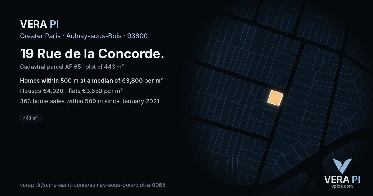 19 Rue de la Concorde, Aulnay-sous-Bois at night – the plot lit, the parcels around coloured by the prices near them