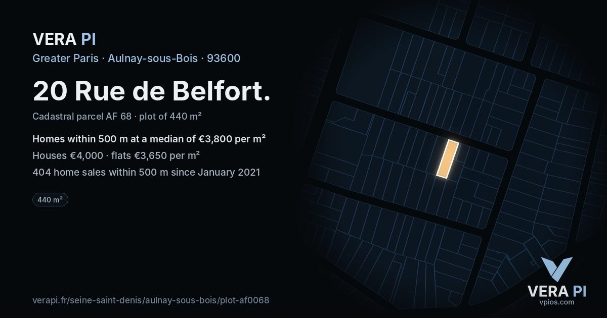 20 Rue de Belfort, Aulnay-sous-Bois at night – the plot lit, the parcels around coloured by the prices near them