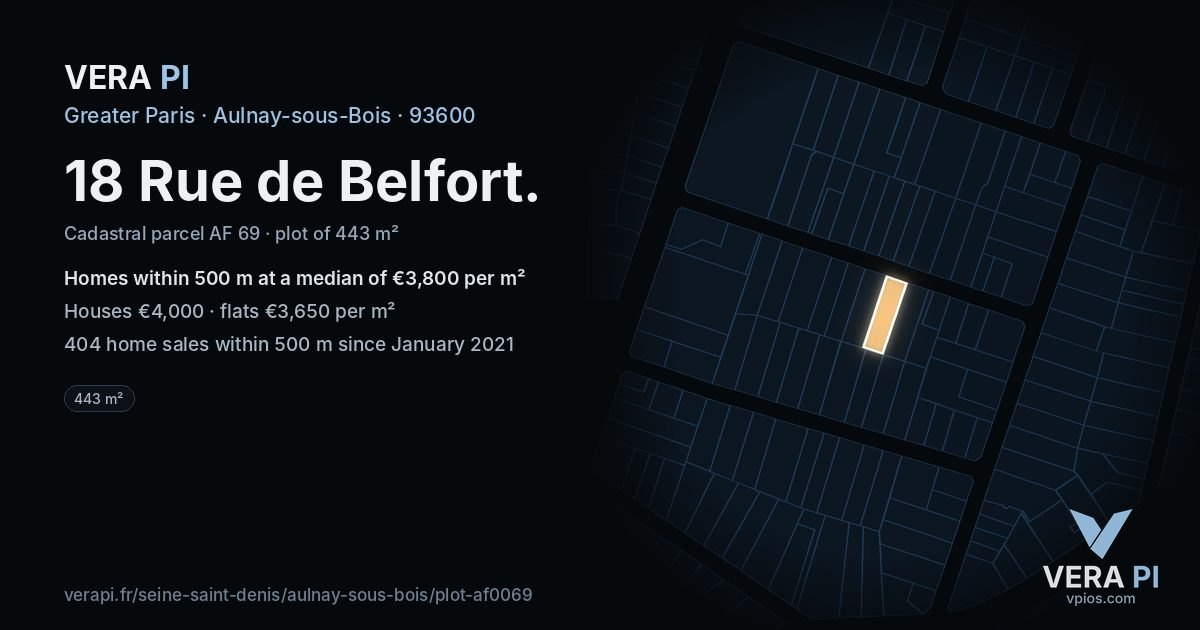 18 Rue de Belfort, Aulnay-sous-Bois at night – the plot lit, the parcels around coloured by the prices near them