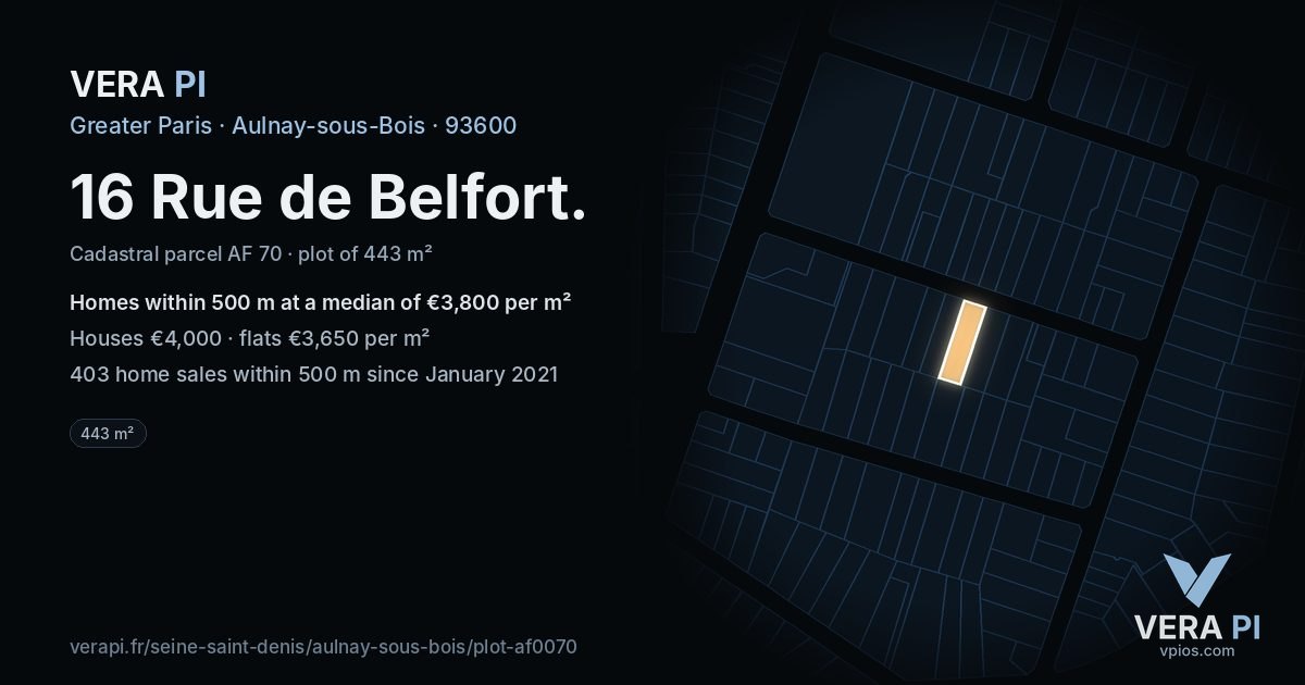 16 Rue de Belfort, Aulnay-sous-Bois at night – the plot lit, the parcels around coloured by the prices near them