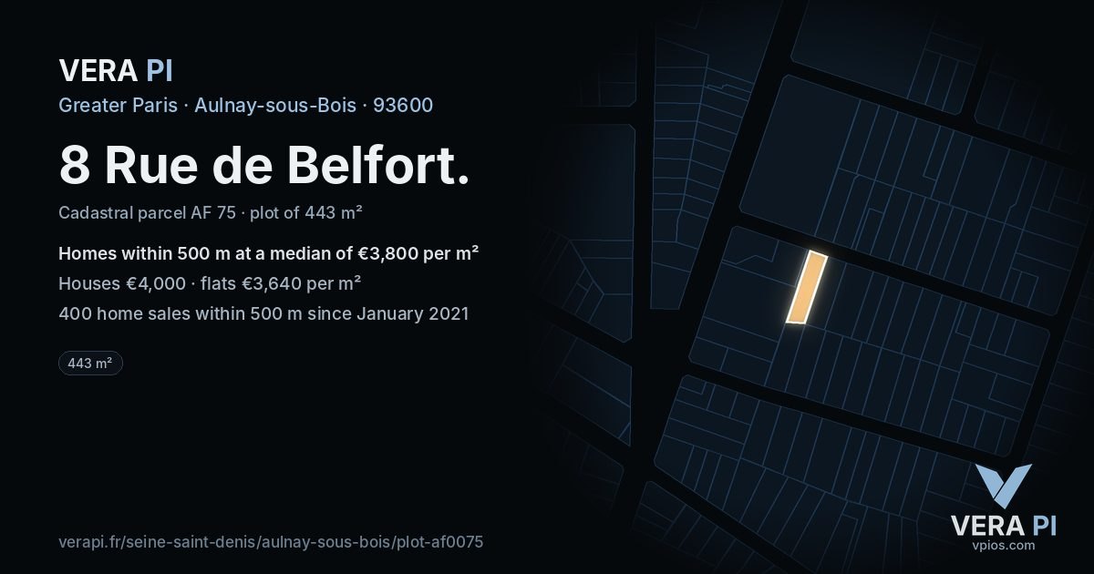 8 Rue de Belfort, Aulnay-sous-Bois at night – the plot lit, the parcels around coloured by the prices near them