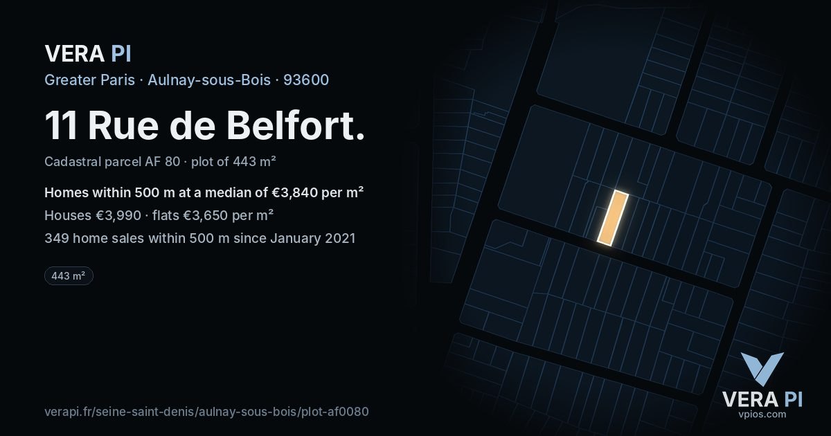 11 Rue de Belfort, Aulnay-sous-Bois at night – the plot lit, the parcels around coloured by the prices near them
