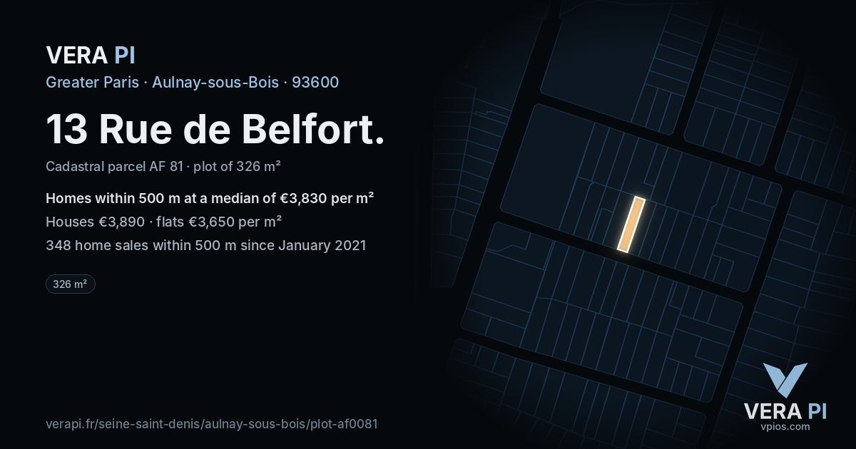13 Rue de Belfort, Aulnay-sous-Bois at night – the plot lit, the parcels around coloured by the prices near them