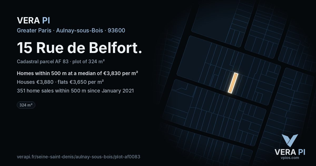 15 Rue de Belfort, Aulnay-sous-Bois at night – the plot lit, the parcels around coloured by the prices near them