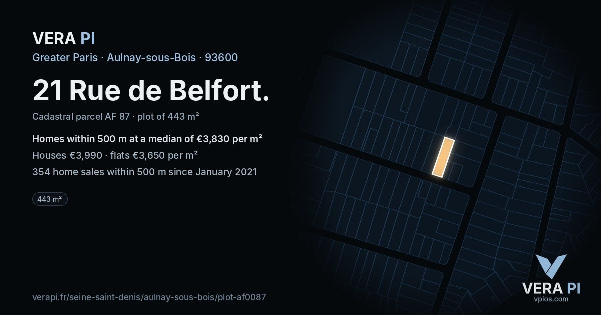 21 Rue de Belfort, Aulnay-sous-Bois at night – the plot lit, the parcels around coloured by the prices near them