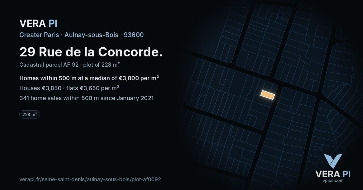 29 Rue de la Concorde, Aulnay-sous-Bois at night – the plot lit, the parcels around coloured by the prices near them