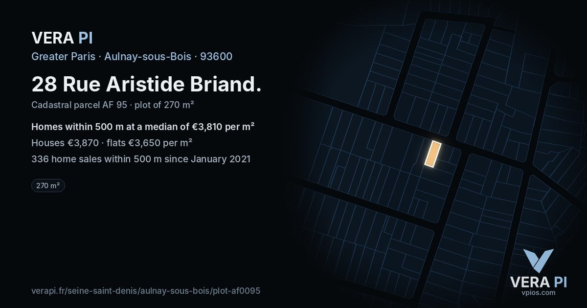 28 Rue Aristide Briand, Aulnay-sous-Bois at night – the plot lit, the parcels around coloured by the prices near them