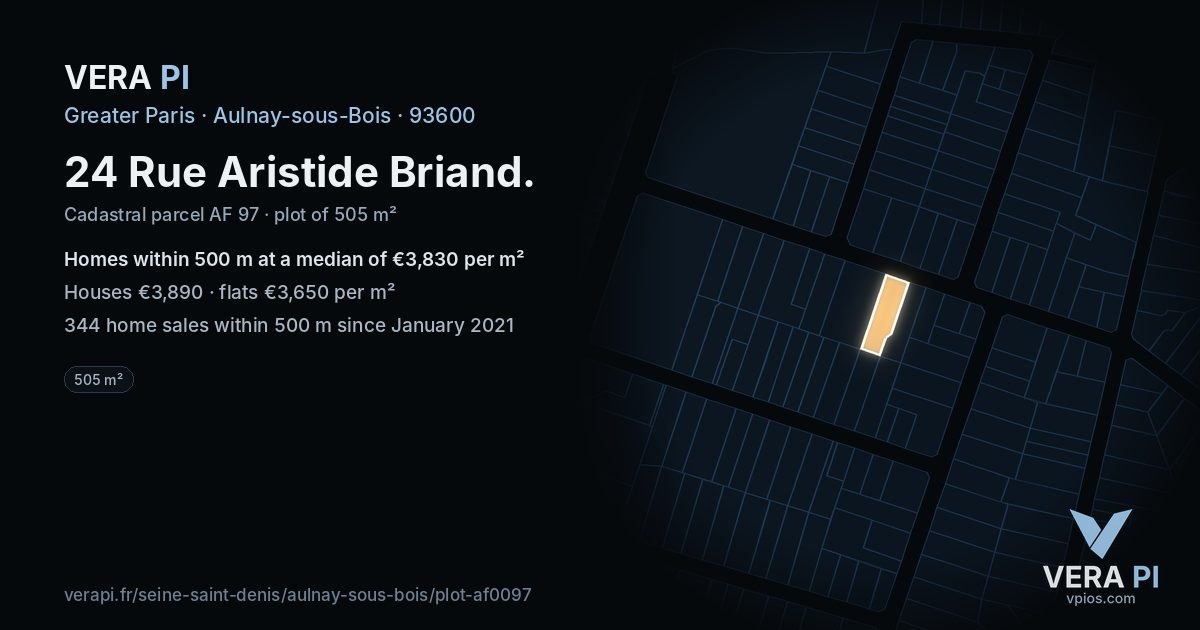 24 Rue Aristide Briand, Aulnay-sous-Bois at night – the plot lit, the parcels around coloured by the prices near them