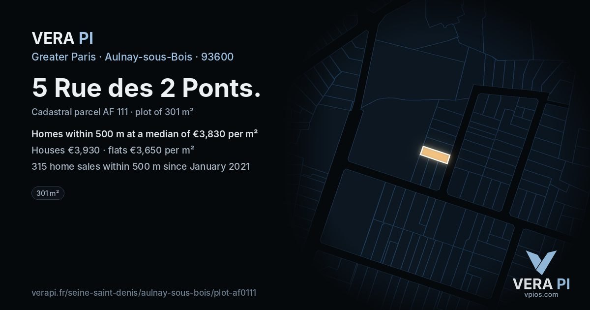 5 Rue des 2 Ponts, Aulnay-sous-Bois at night – the plot lit, the parcels around coloured by the prices near them