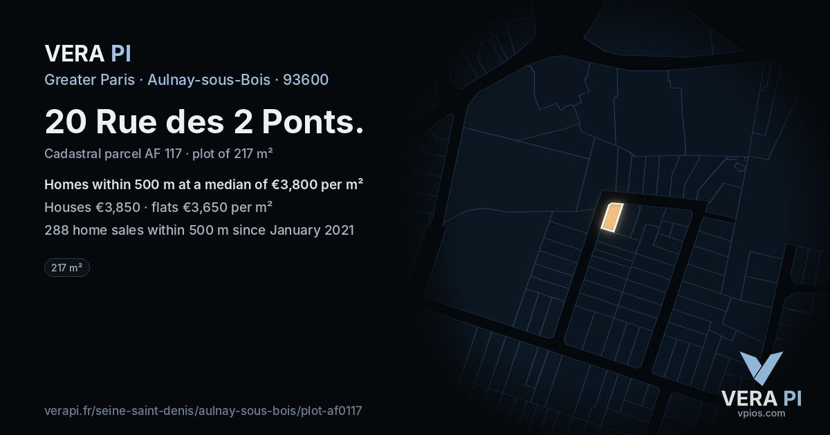 20 Rue des 2 Ponts, Aulnay-sous-Bois at night – the plot lit, the parcels around coloured by the prices near them