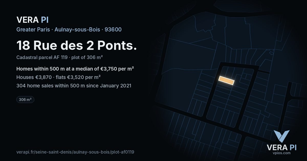 18 Rue des 2 Ponts, Aulnay-sous-Bois at night – the plot lit, the parcels around coloured by the prices near them