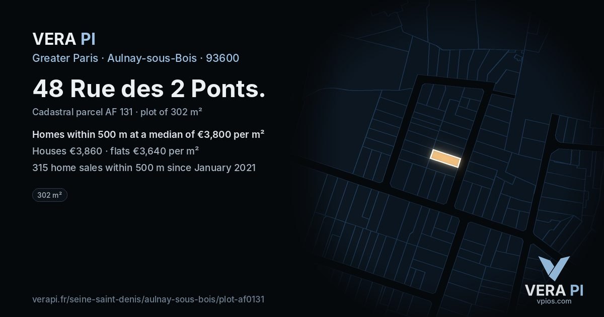 48 Rue des 2 Ponts, Aulnay-sous-Bois at night – the plot lit, the parcels around coloured by the prices near them