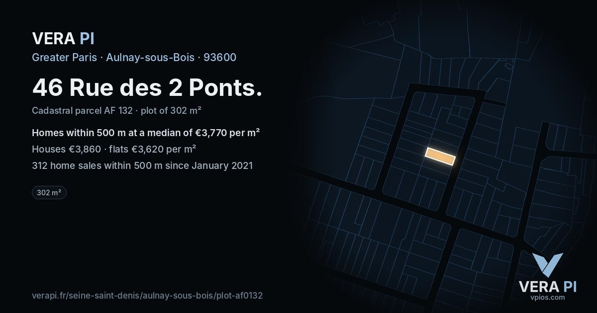 46 Rue des 2 Ponts, Aulnay-sous-Bois at night – the plot lit, the parcels around coloured by the prices near them