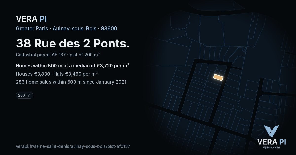 38 Rue des 2 Ponts, Aulnay-sous-Bois at night – the plot lit, the parcels around coloured by the prices near them