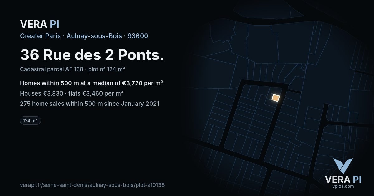 36 Rue des 2 Ponts, Aulnay-sous-Bois at night – the plot lit, the parcels around coloured by the prices near them
