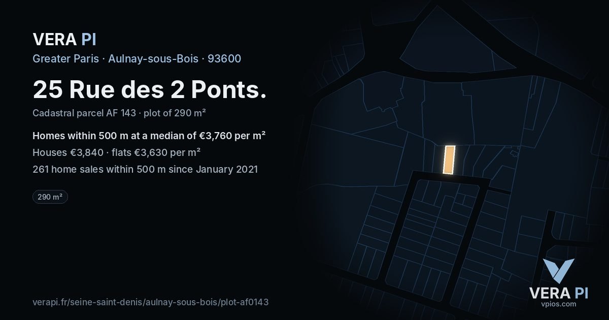 25 Rue des 2 Ponts, Aulnay-sous-Bois at night – the plot lit, the parcels around coloured by the prices near them