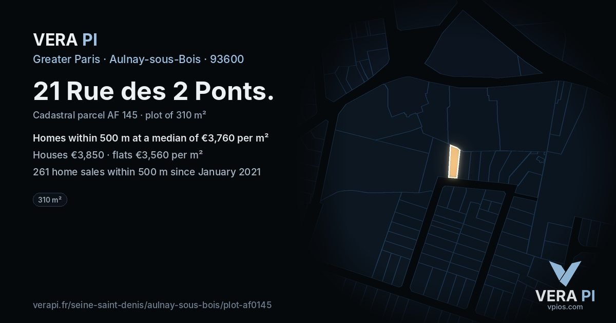 21 Rue des 2 Ponts, Aulnay-sous-Bois at night – the plot lit, the parcels around coloured by the prices near them
