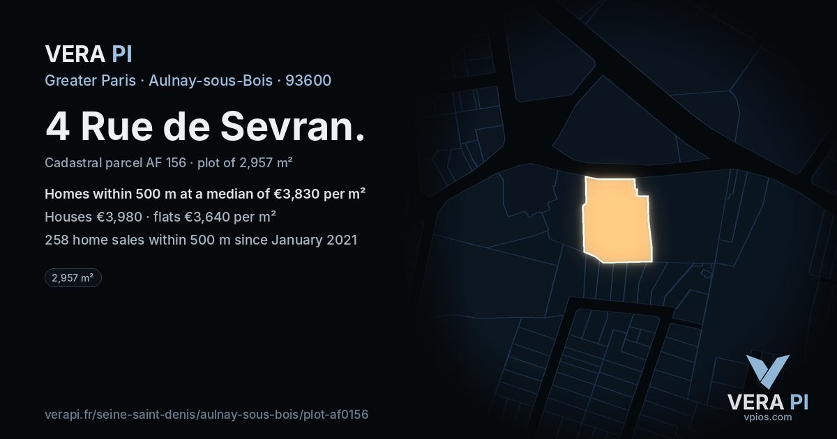 4 Rue de Sevran, Aulnay-sous-Bois at night – the plot lit, the parcels around coloured by the prices near them