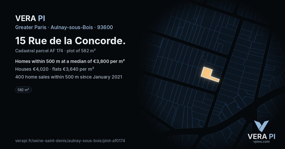 15 Rue de la Concorde, Aulnay-sous-Bois at night – the plot lit, the parcels around coloured by the prices near them