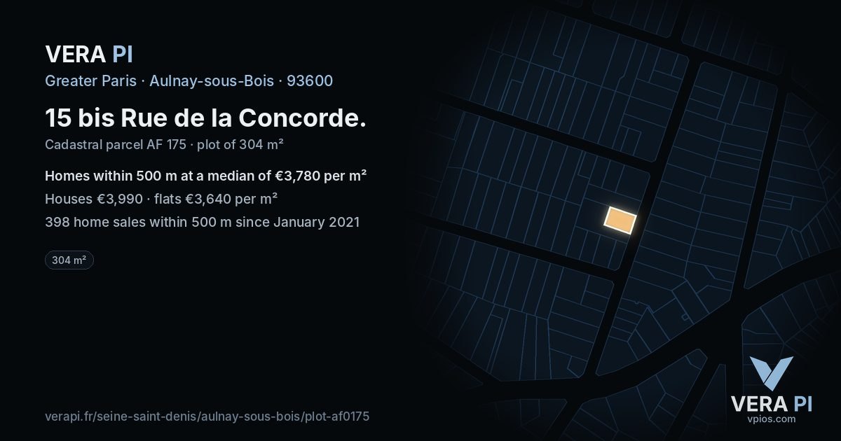 15 bis Rue de la Concorde, Aulnay-sous-Bois at night – the plot lit, the parcels around coloured by the prices near them