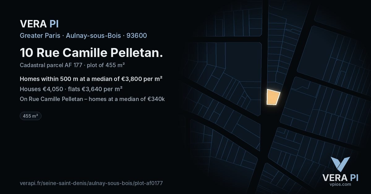 10 Rue Camille Pelletan, Aulnay-sous-Bois at night – the plot lit, the parcels around coloured by the prices near them