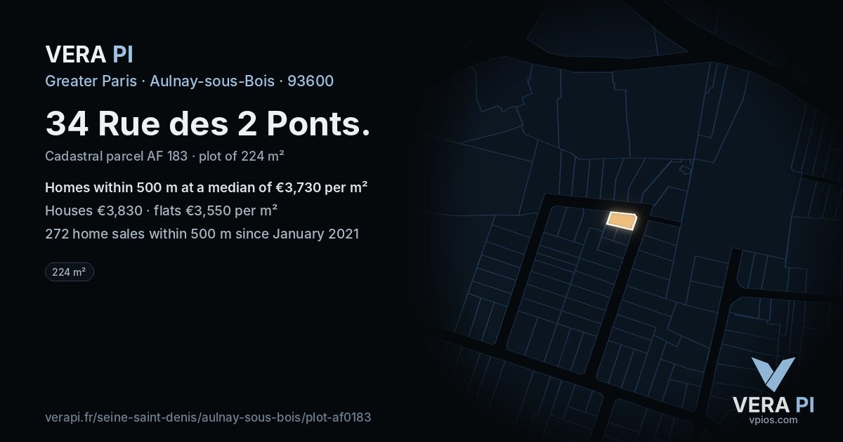 34 Rue des 2 Ponts, Aulnay-sous-Bois at night – the plot lit, the parcels around coloured by the prices near them