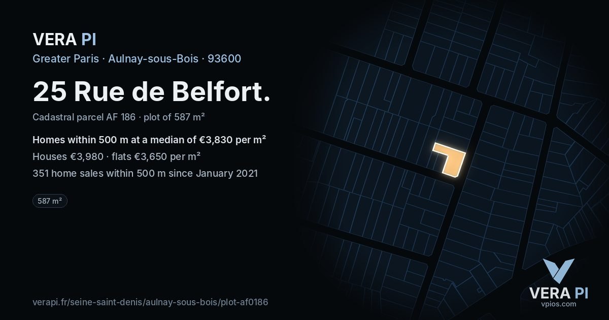 25 Rue de Belfort, Aulnay-sous-Bois at night – the plot lit, the parcels around coloured by the prices near them