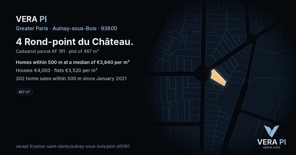 4 Rond-point du Château, Aulnay-sous-Bois at night – the plot lit, the parcels around coloured by the prices near them