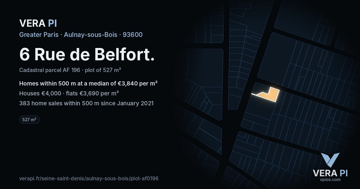 6 Rue de Belfort, Aulnay-sous-Bois at night – the plot lit, the parcels around coloured by the prices near them