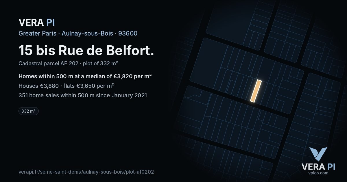 15 bis Rue de Belfort, Aulnay-sous-Bois at night – the plot lit, the parcels around coloured by the prices near them