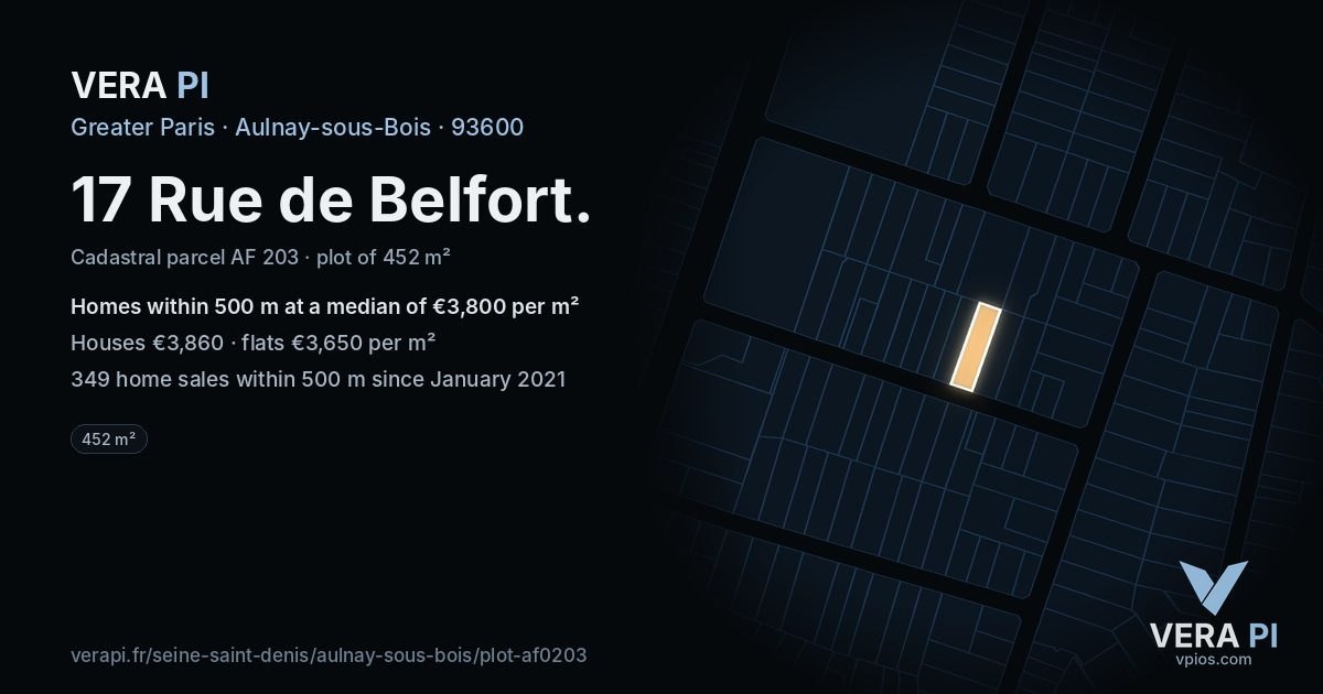17 Rue de Belfort, Aulnay-sous-Bois at night – the plot lit, the parcels around coloured by the prices near them