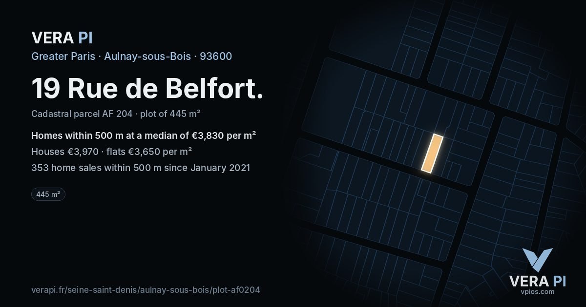 19 Rue de Belfort, Aulnay-sous-Bois at night – the plot lit, the parcels around coloured by the prices near them