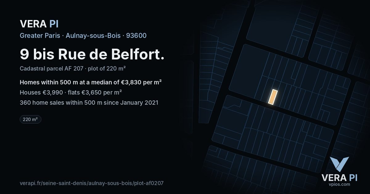 9 bis Rue de Belfort, Aulnay-sous-Bois at night – the plot lit, the parcels around coloured by the prices near them