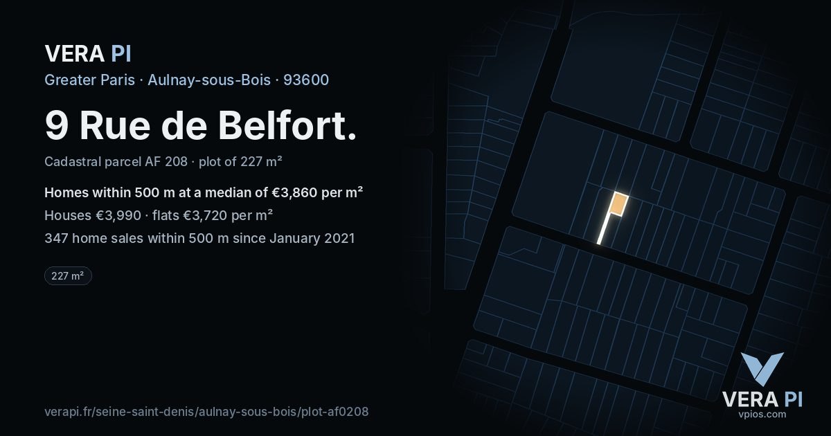 9 Rue de Belfort, Aulnay-sous-Bois at night – the plot lit, the parcels around coloured by the prices near them