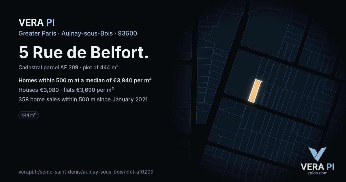 5 Rue de Belfort, Aulnay-sous-Bois at night – the plot lit, the parcels around coloured by the prices near them