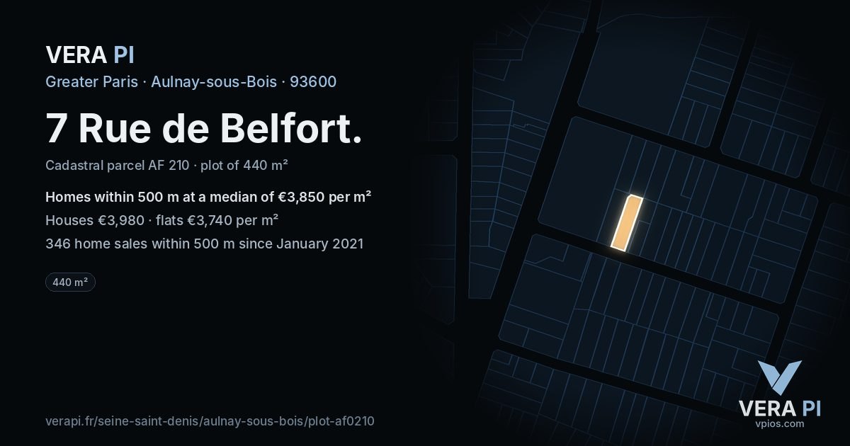 7 Rue de Belfort, Aulnay-sous-Bois at night – the plot lit, the parcels around coloured by the prices near them