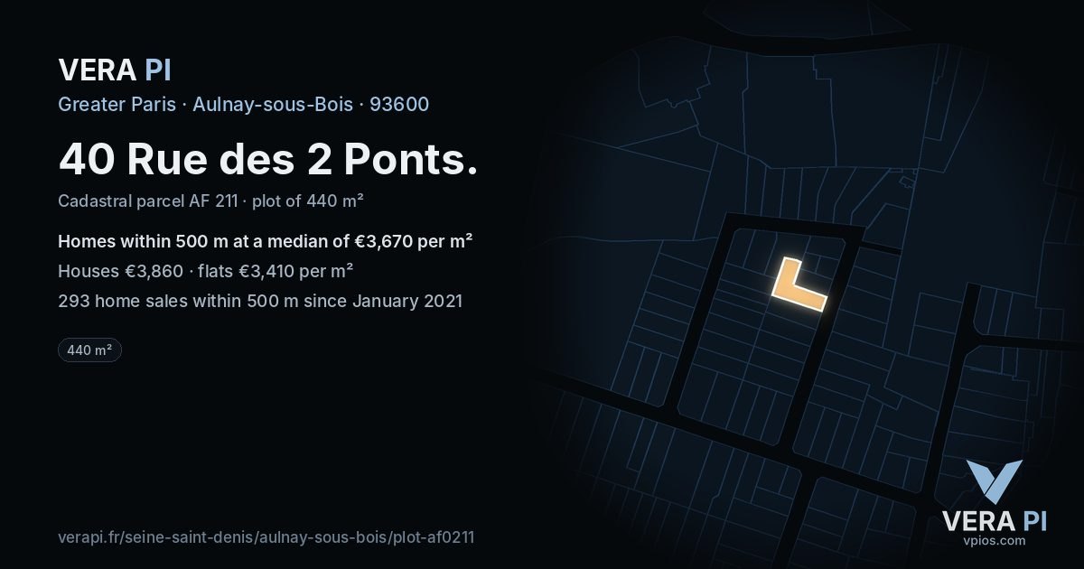 40 Rue des 2 Ponts, Aulnay-sous-Bois at night – the plot lit, the parcels around coloured by the prices near them