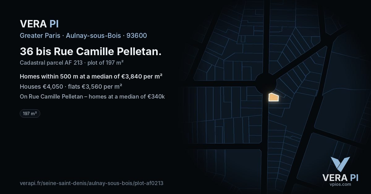 36 bis Rue Camille Pelletan, Aulnay-sous-Bois at night – the plot lit, the parcels around coloured by the prices near them