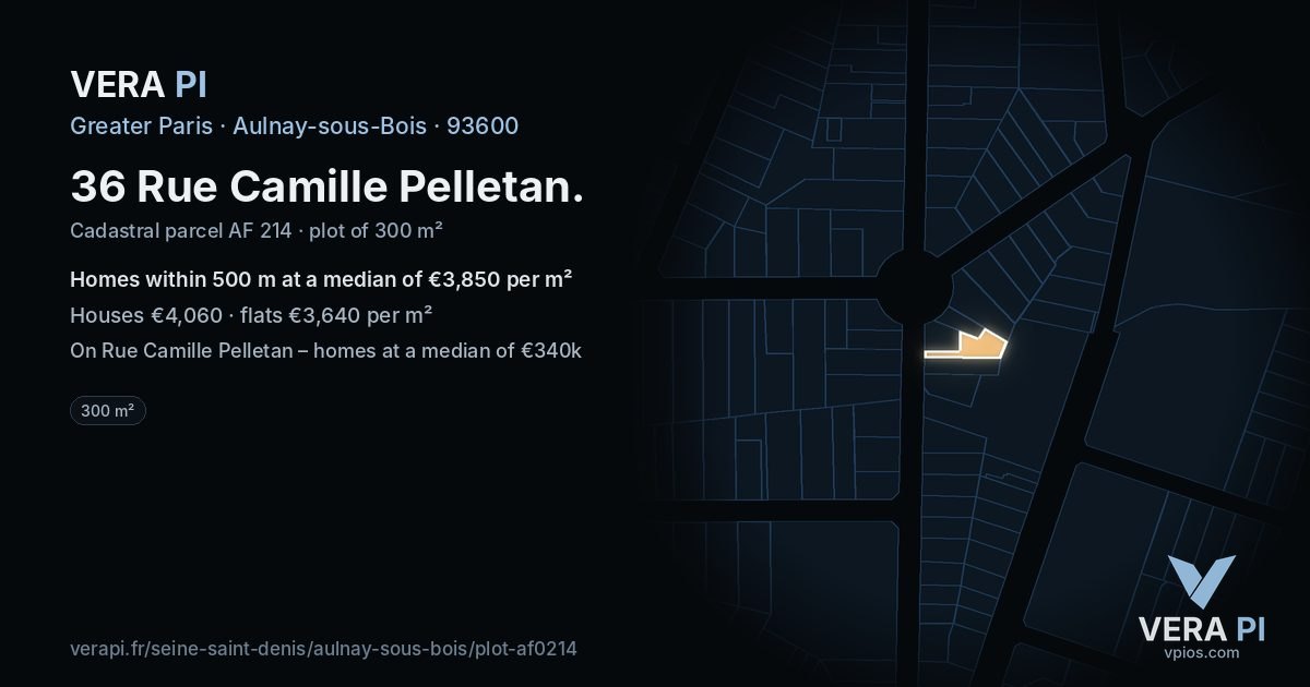 36 Rue Camille Pelletan, Aulnay-sous-Bois at night – the plot lit, the parcels around coloured by the prices near them