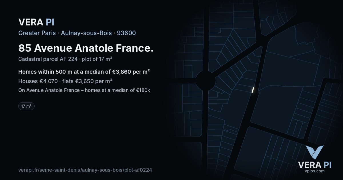 85 Avenue Anatole France, Aulnay-sous-Bois at night – the plot lit, the parcels around coloured by the prices near them