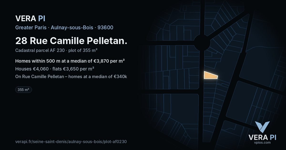 28 Rue Camille Pelletan, Aulnay-sous-Bois at night – the plot lit, the parcels around coloured by the prices near them